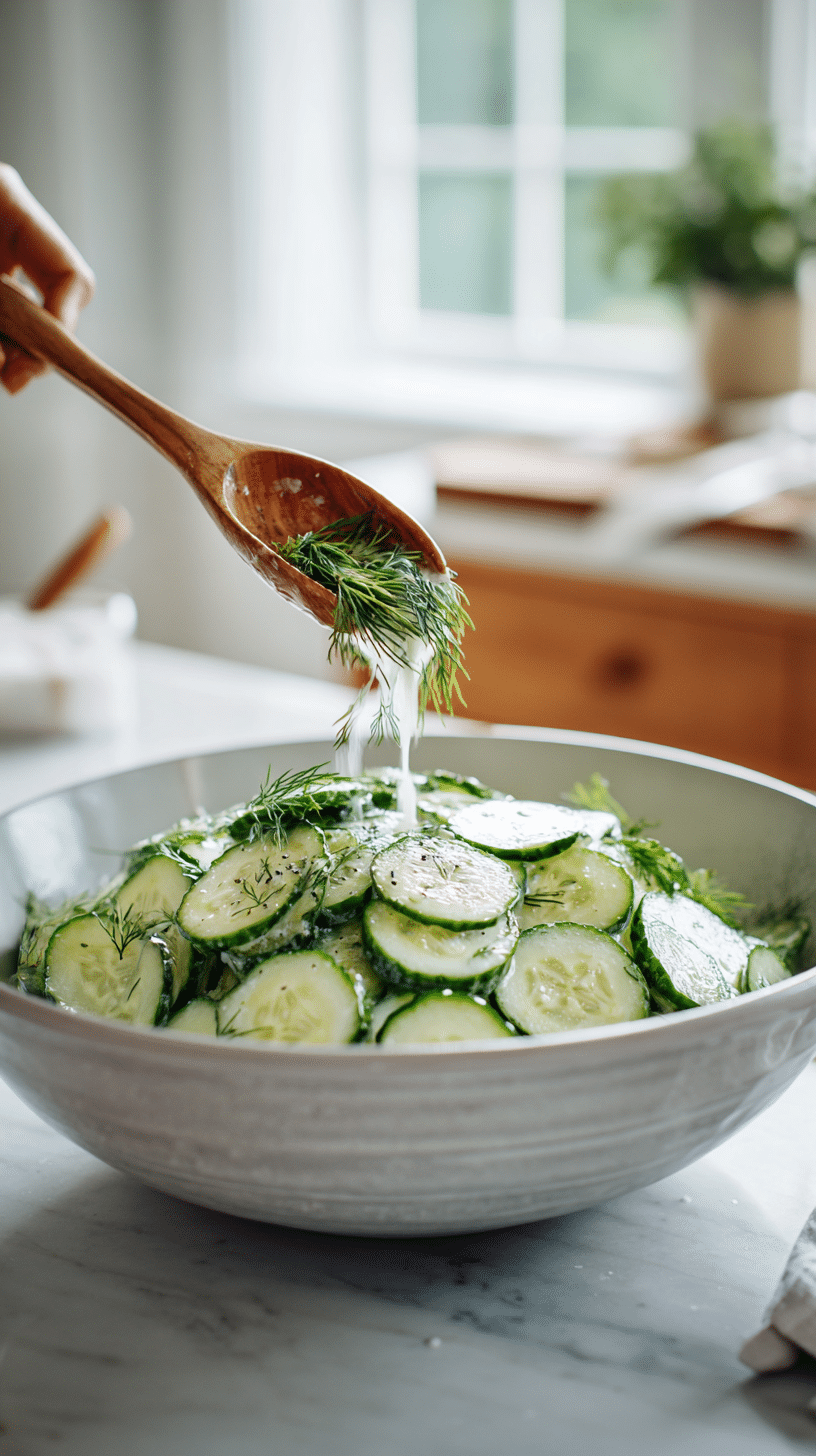 Tossing cucumbers with dill and dressing for Cucumber Salad with Dill Recipe
