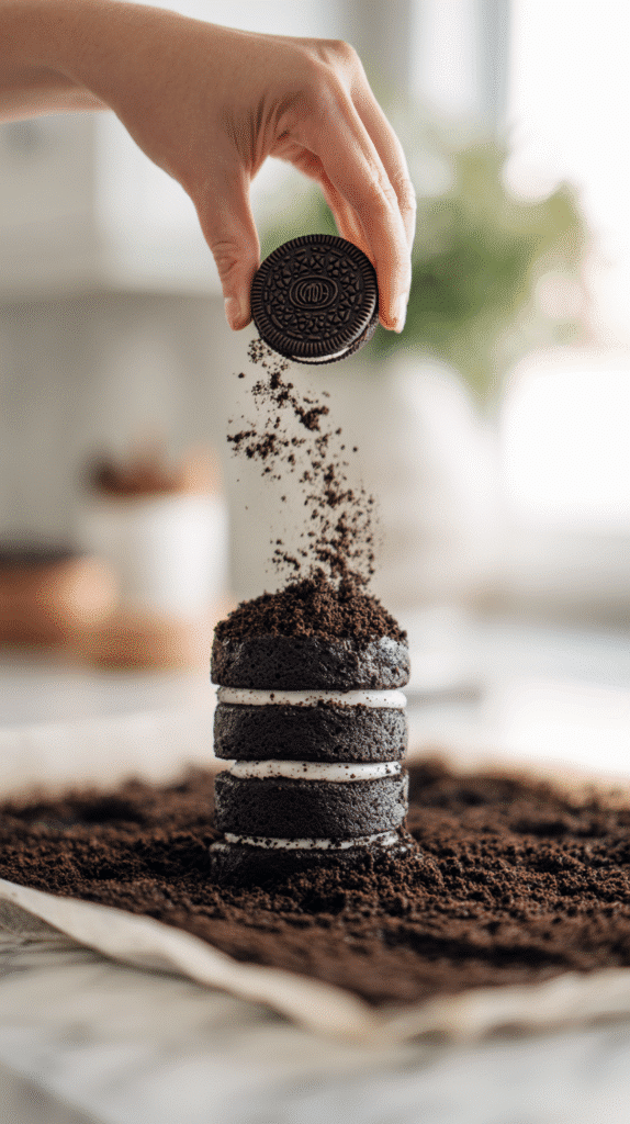 decorating graveyard brownies with tombstone cookies