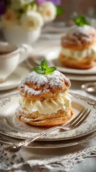 Delight of Paris-Brest being served on beautiful dinnerware