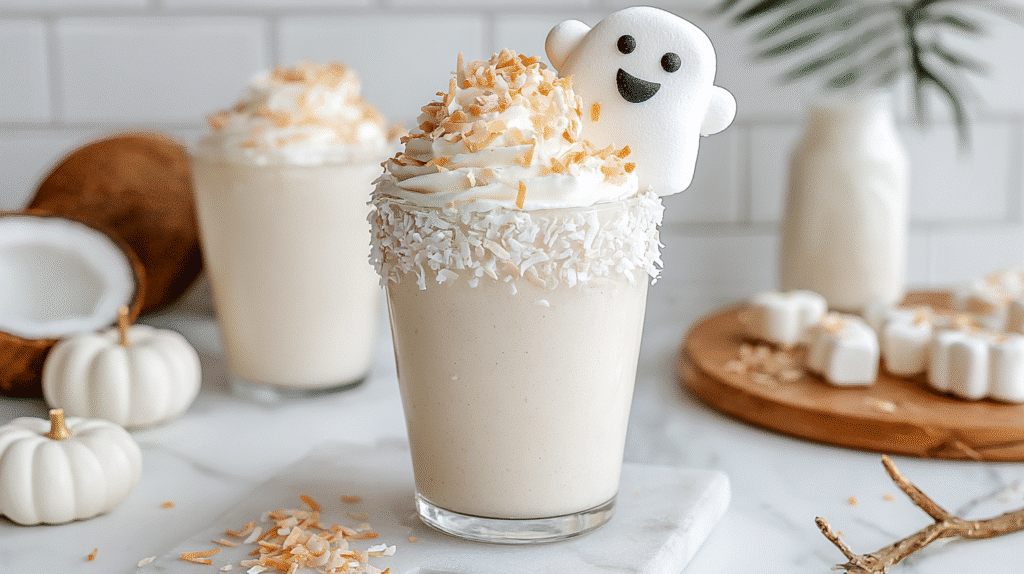 Drunken Ghost Milkshake hero shot with marshmallow ghost garnish