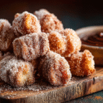 Easy Baked Churro Bites hero shot with cinnamon sugar and chocolate sauce