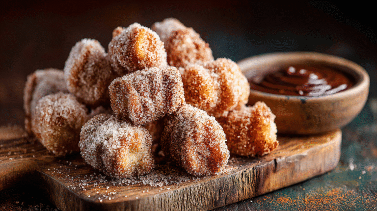 Easy Baked Churro Bites hero shot with cinnamon sugar and chocolate sauce