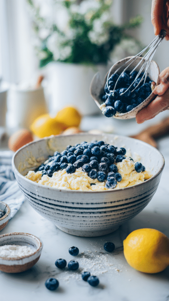 folding blueberries into donut batter