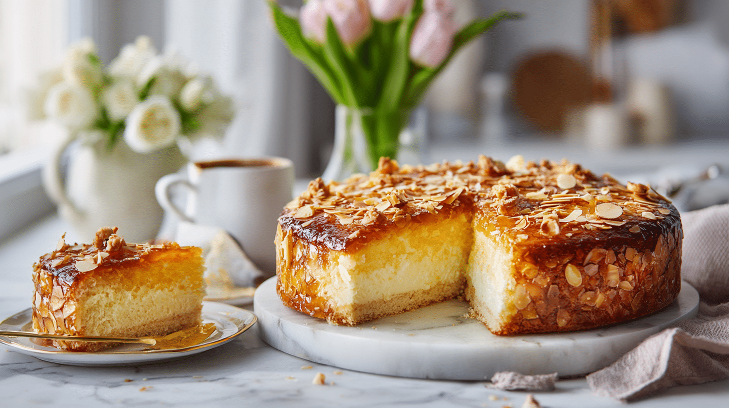 German Bee Sting Cake with caramelized honey almond topping and creamy vanilla filling on a marble countertop