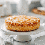 Top-down view of whole German Bee Sting Cake with golden almond topping