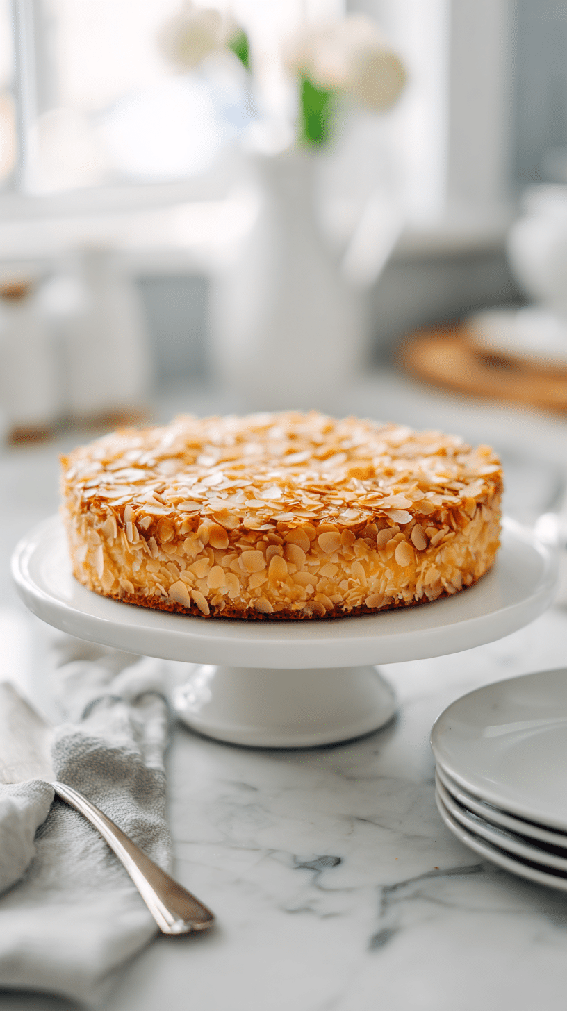 Top-down view of whole German Bee Sting Cake with golden almond topping
