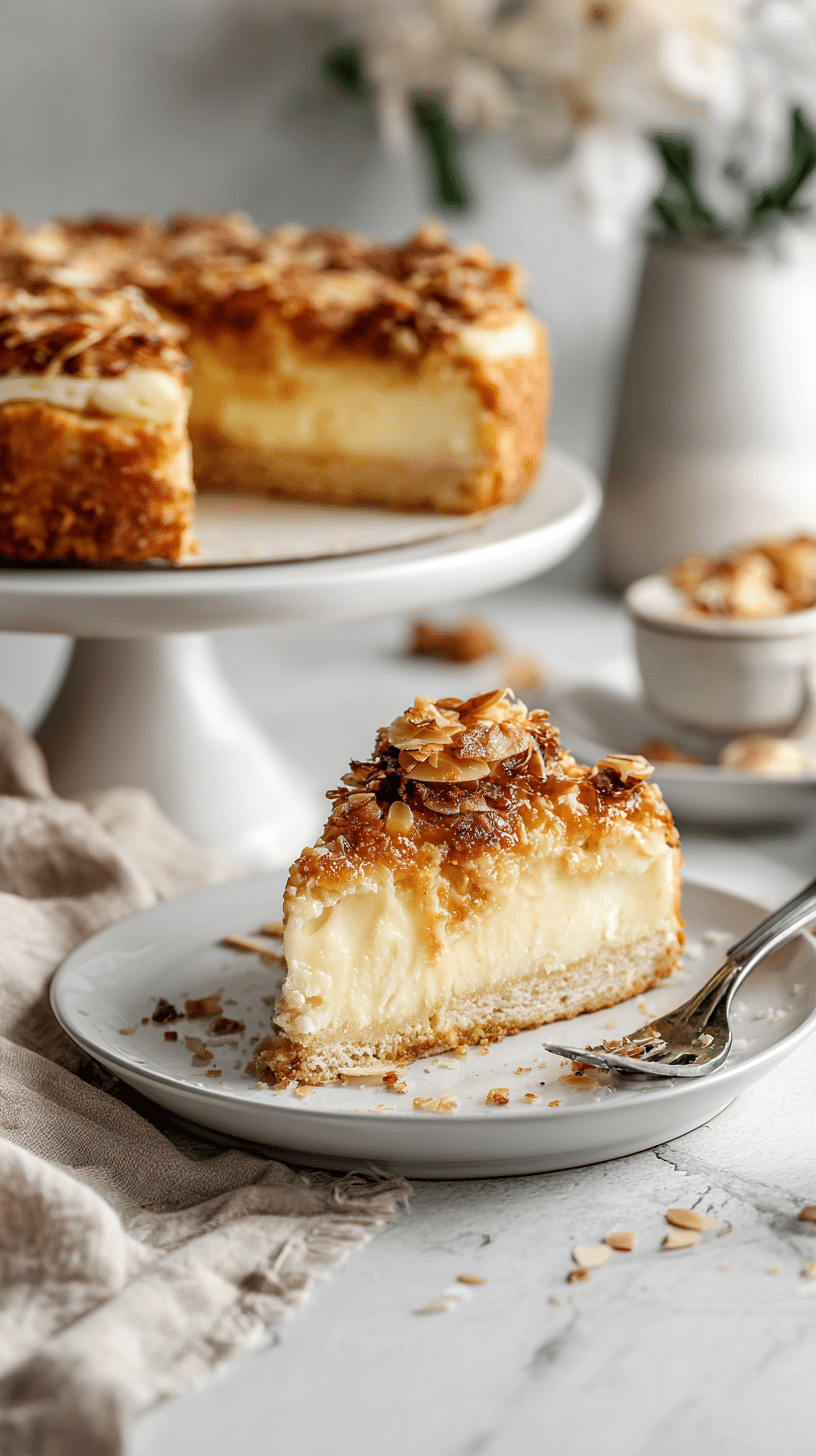 German Bee Sting Cake slice served on a plate with creamy filling and almond topping