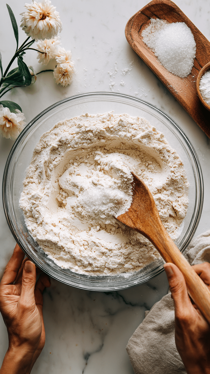 Mixing dry ingredients for German Bee Sting Cake dough in a glass bowl