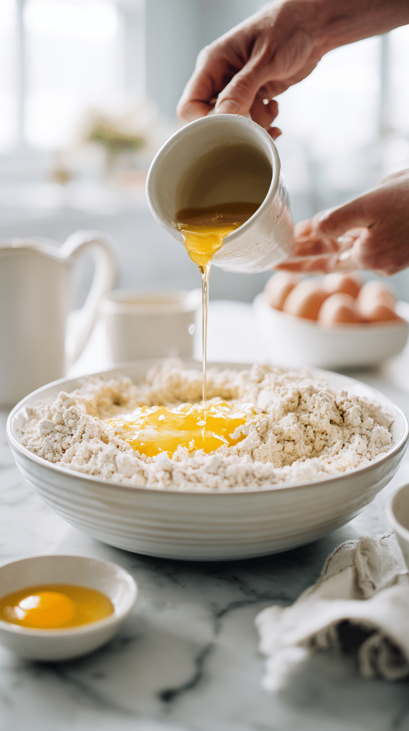 Adding milk, eggs, butter, and honey to dry ingredients for German Bee Sting Cake dough
