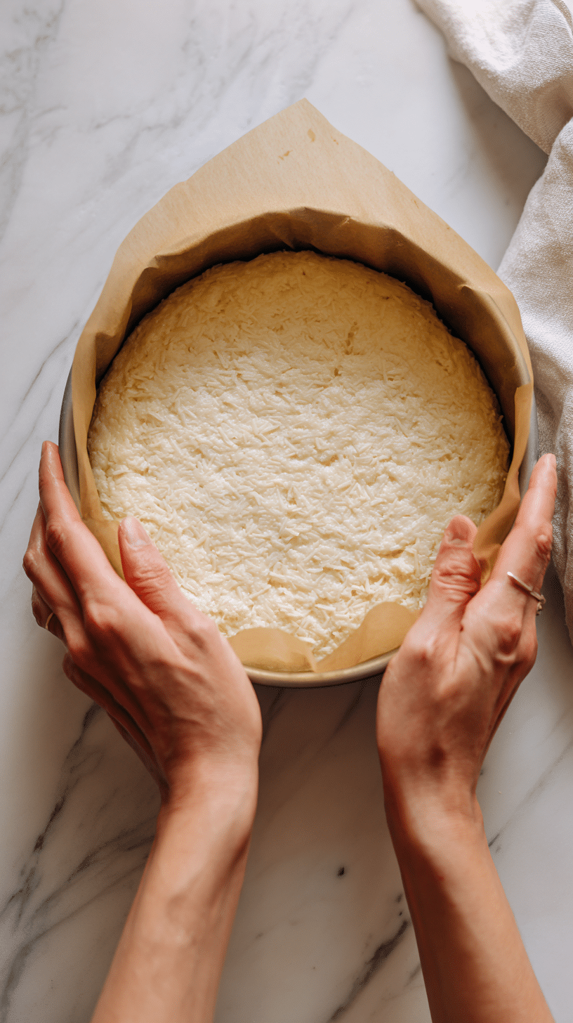 Pressing German Bee Sting Cake dough into parchment-lined springform pan