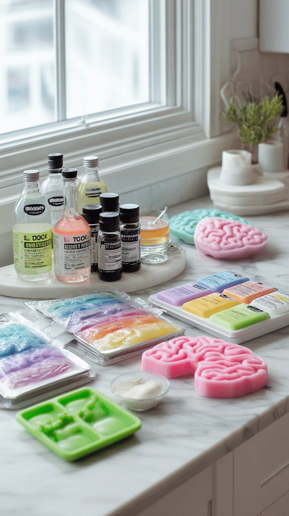 glow in the dark jello brains ingredients flat lay on marble countertop