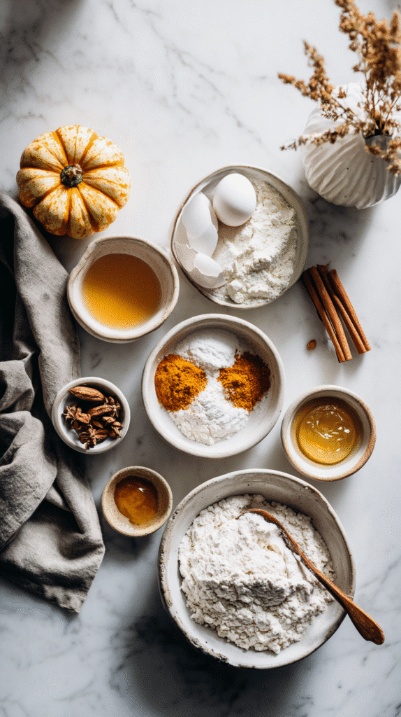gluten-free pumpkin donut ingredients on marble countertop