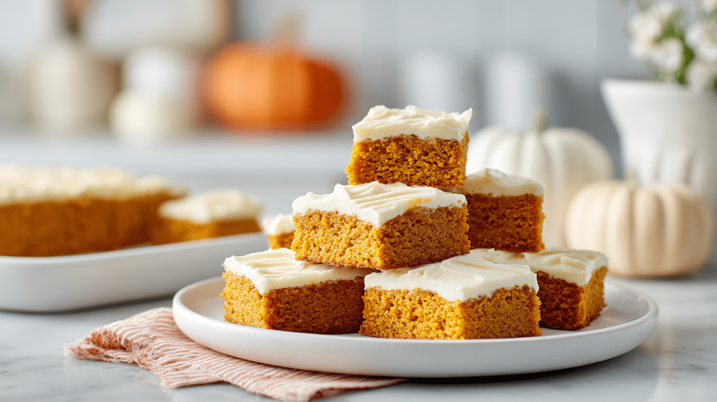 Gluten-Free Pumpkin Squares (Bars) hero shot with cream cheese frosting on a white platter