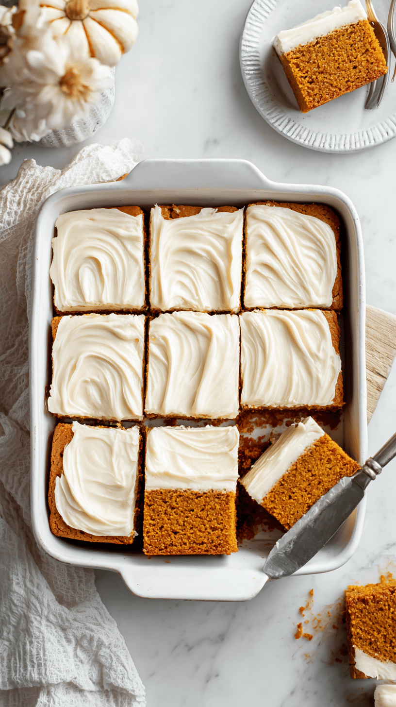 Top-down view of Gluten-Free Pumpkin Squares (Bars) in baking pan with cream cheese frosting