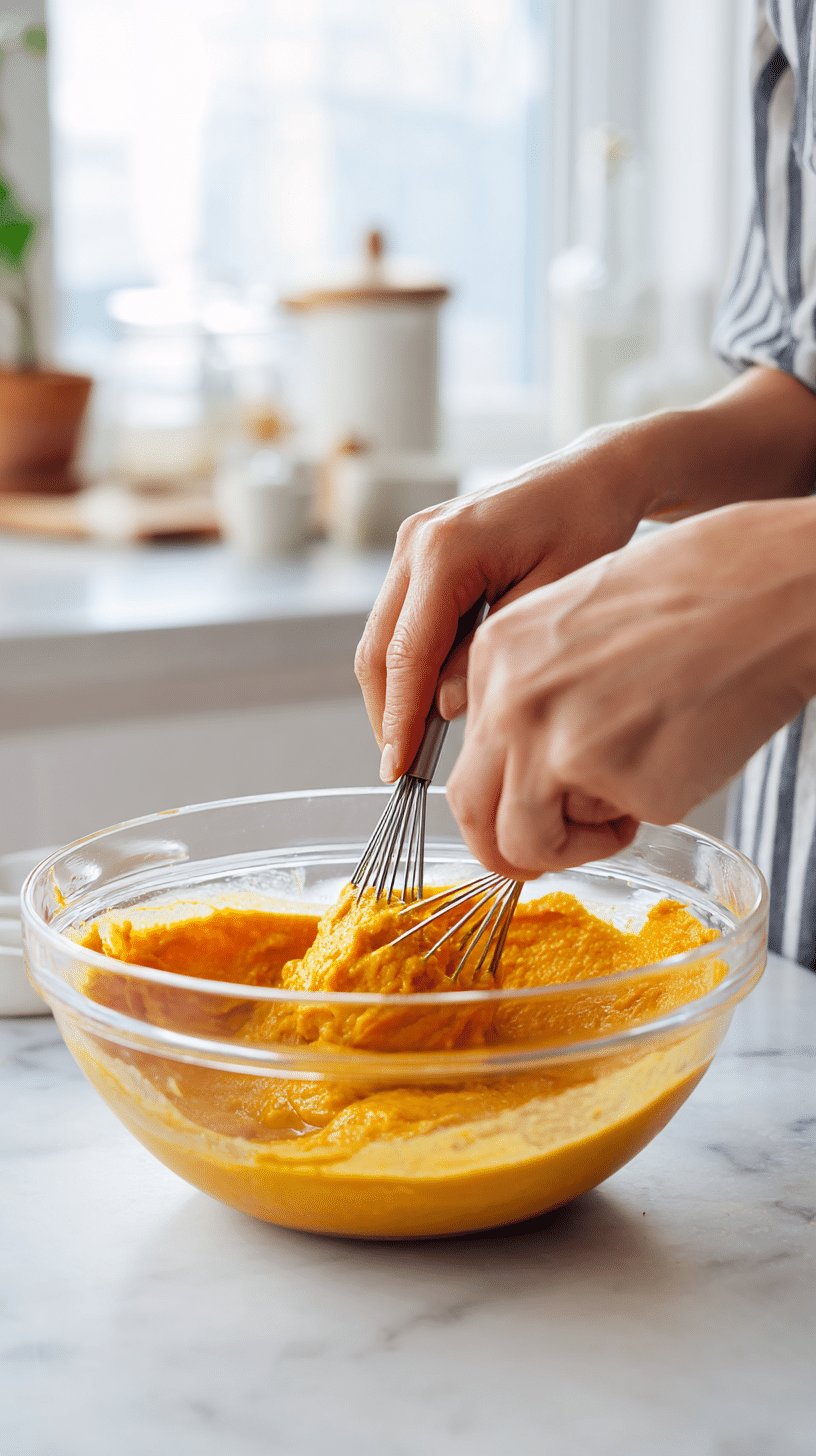 Mixing wet ingredients for Gluten-Free Pumpkin Squares (Bars) in a glass bowl