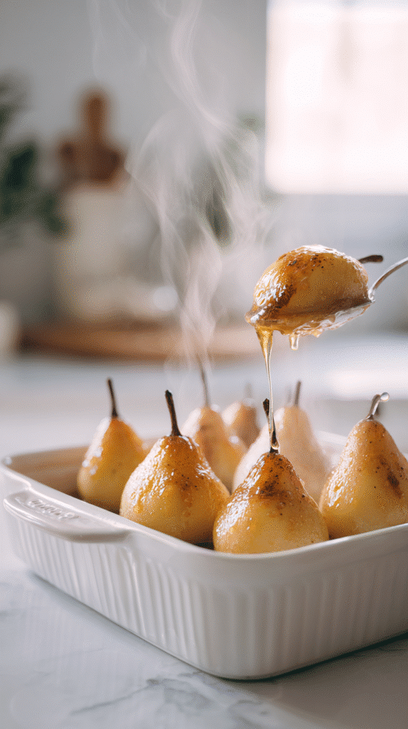 golden baked pears fresh from oven with maple cinnamon glaze