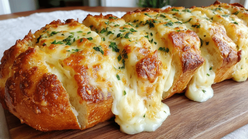 Gooey garlic cheese bread with golden crust and melted cheese