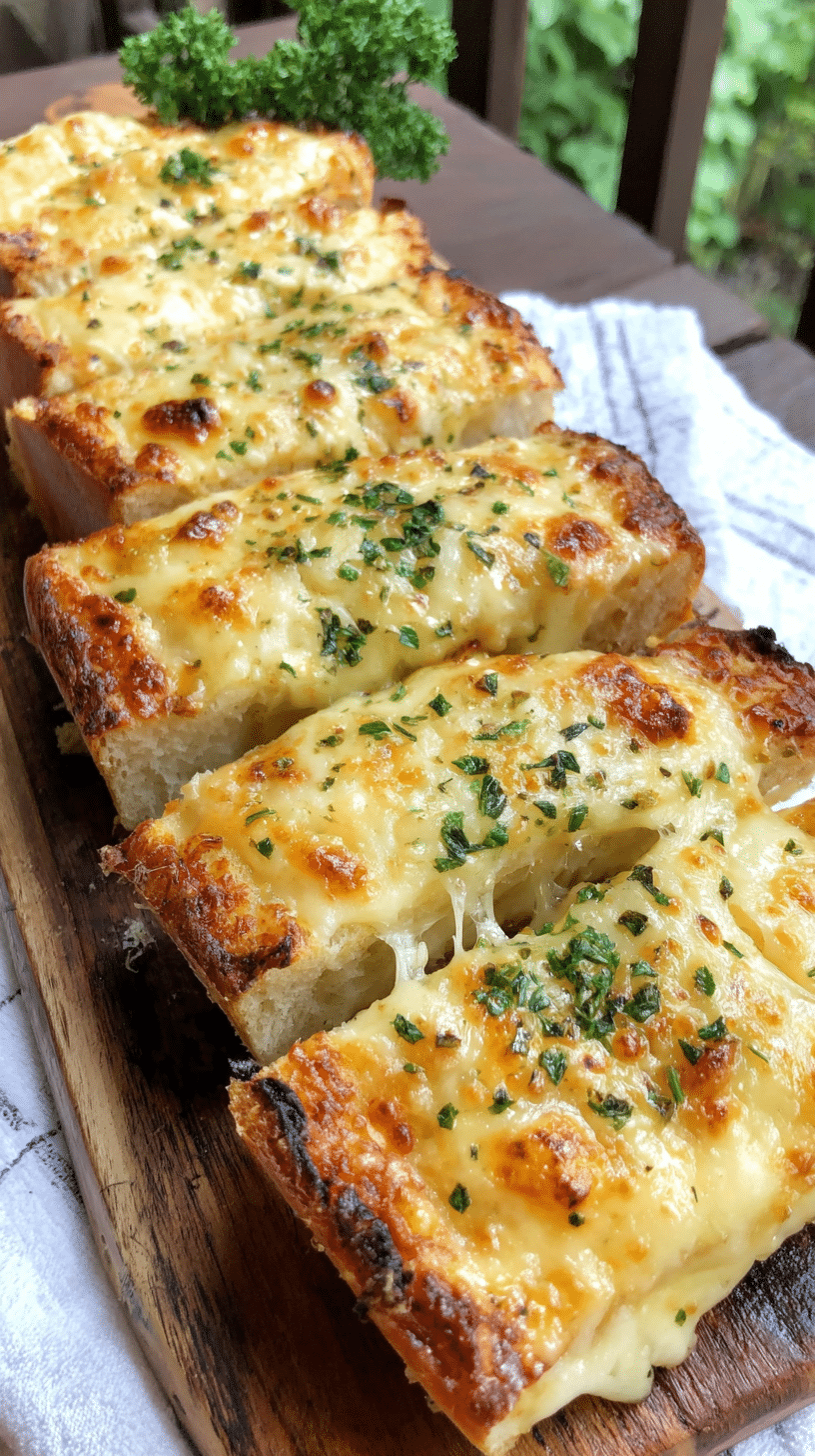 Gooey garlic cheese bread being served on beautiful dinnerware