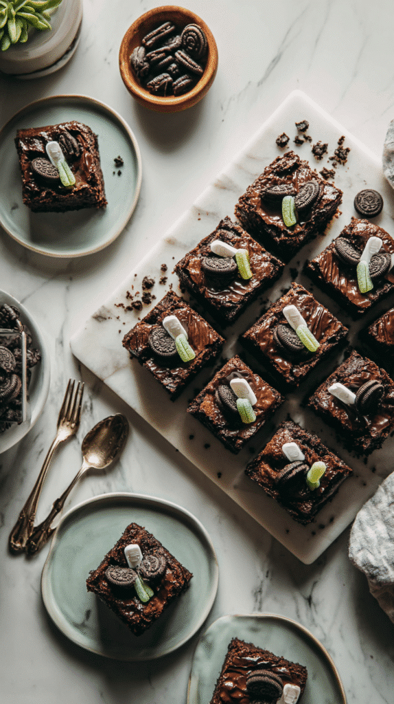 graveyard brownies served with tombstones and gummy worms