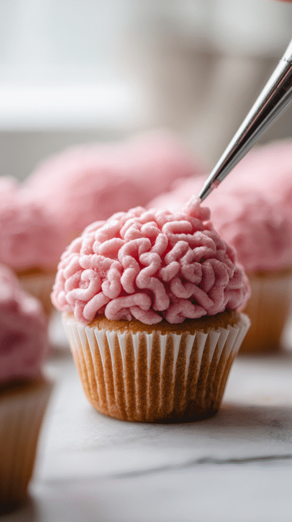 halloween cupcake brains frosting piped in brain swirls