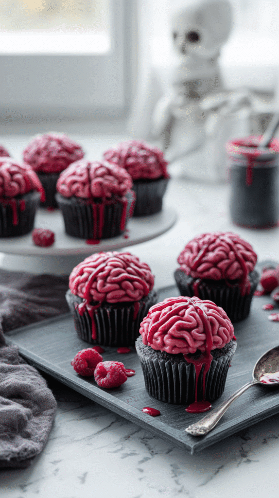 halloween cupcake brains served on platter with raspberry blood drizzle