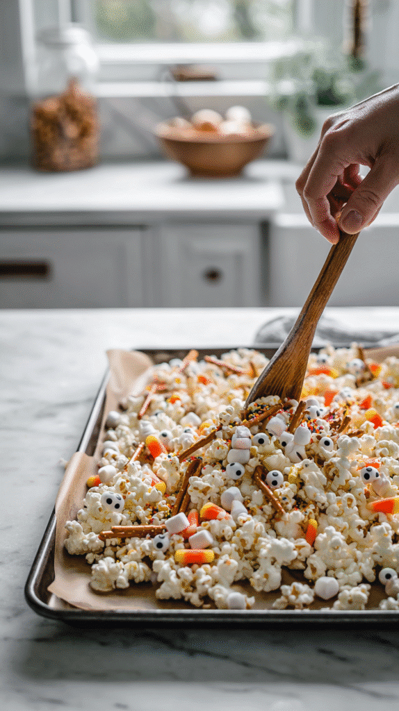 halloween popcorn cooling on baking sheet