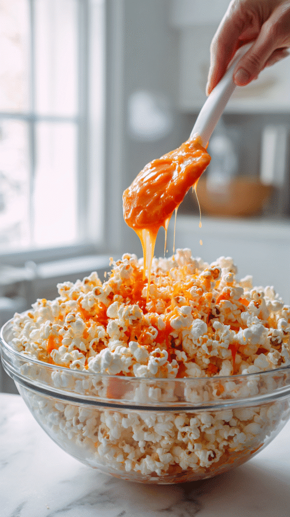halloween popcorn mixing orange candy coating