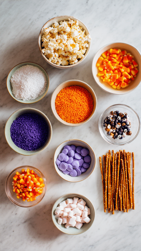 halloween popcorn ingredients flat lay