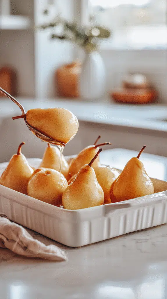 halved pears being cored and arranged for cinnamon maple baked pears