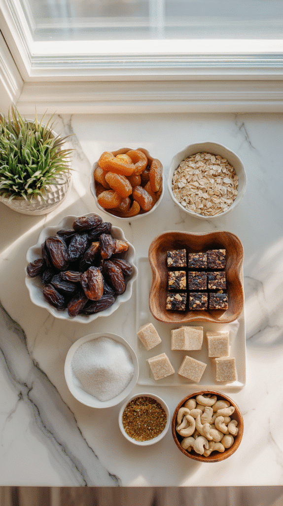 healthy date candy bars ingredients flat lay