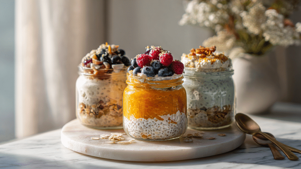 High Protein Overnight Oats for Breakfast finished dish on elegant plate