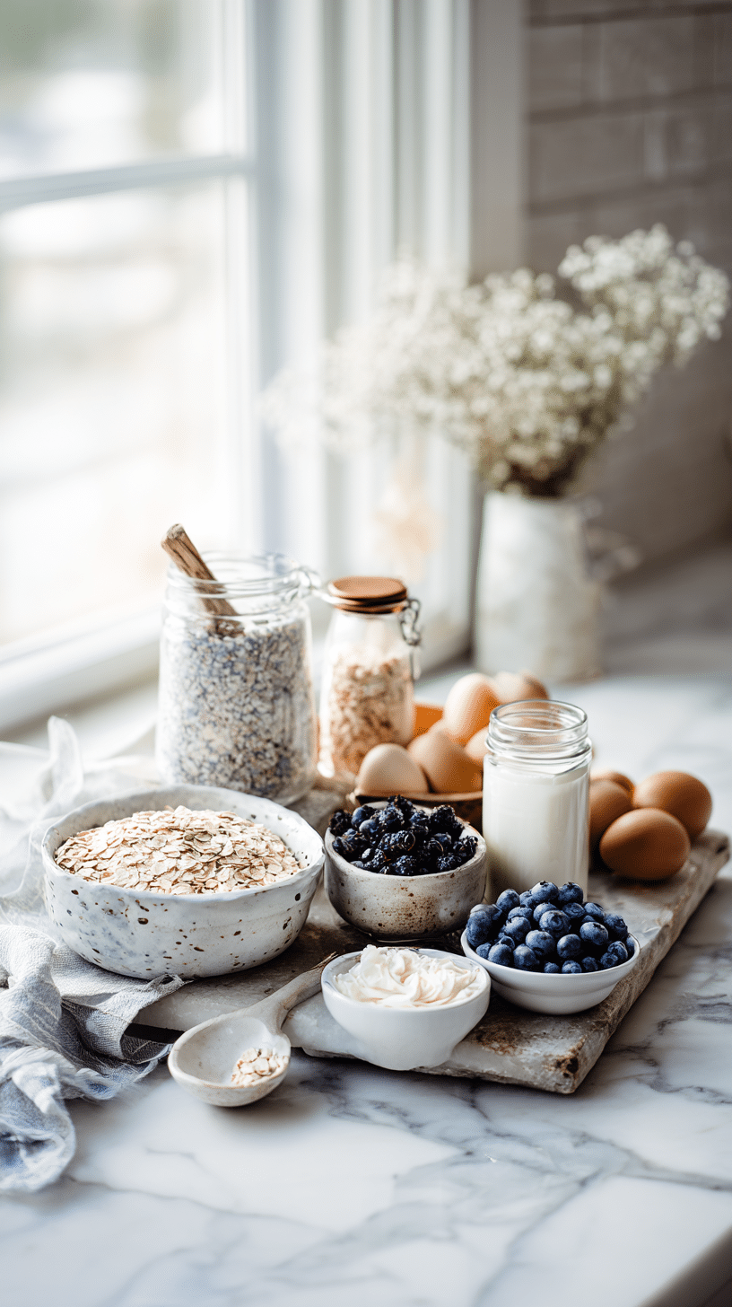 High Protein Overnight Oats for Breakfast ingredients arranged on marble countertop