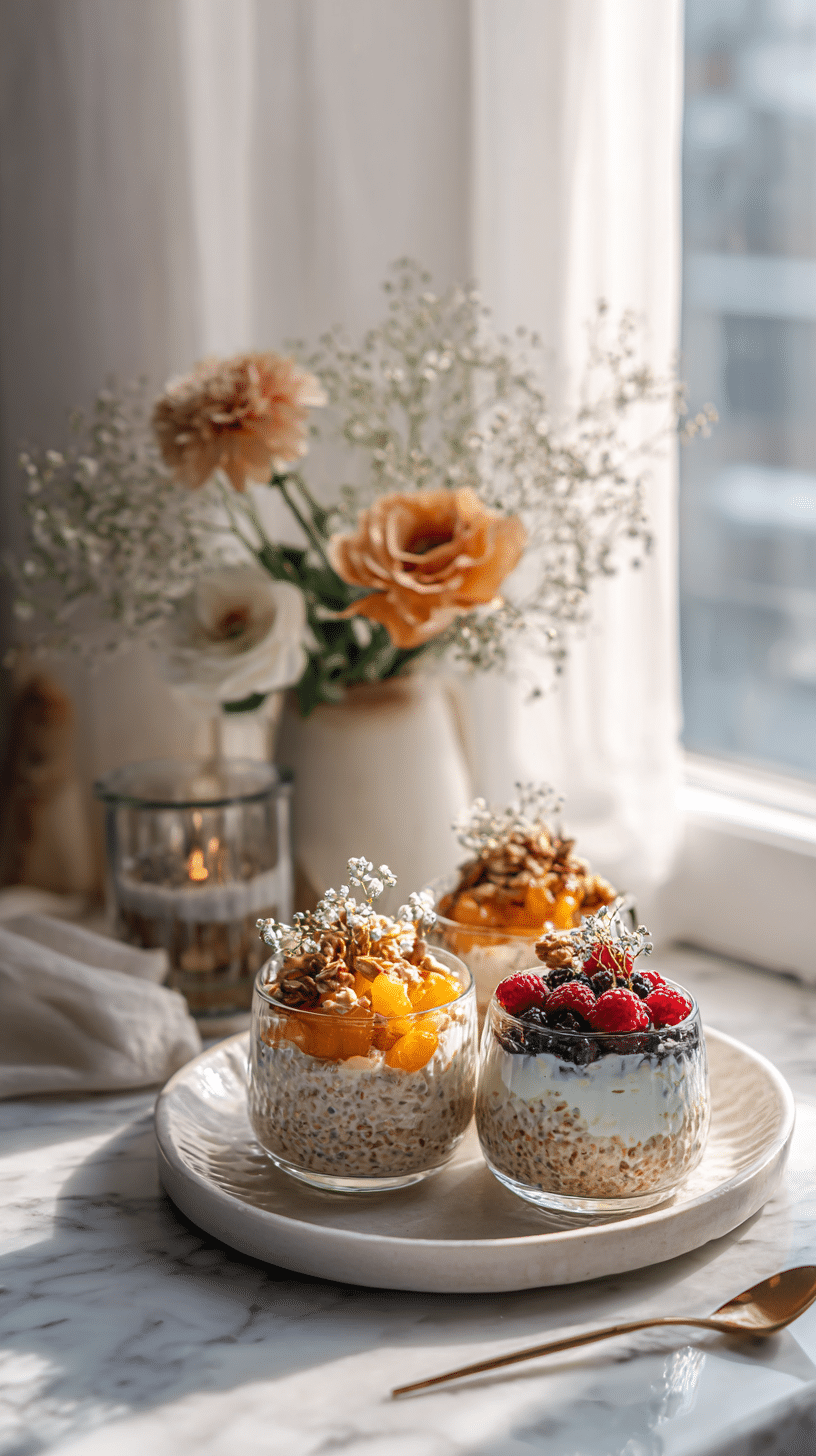 High Protein Overnight Oats for Breakfast being served on beautiful dinnerware