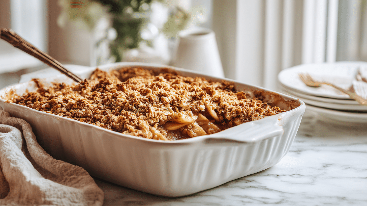 Homemade Apple Crisp hero shot with golden oat topping and vanilla ice cream in a white baking dish
