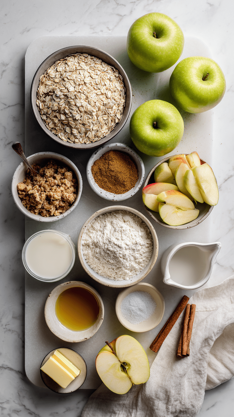 Ingredients for Homemade Apple Crisp arranged on marble countertop