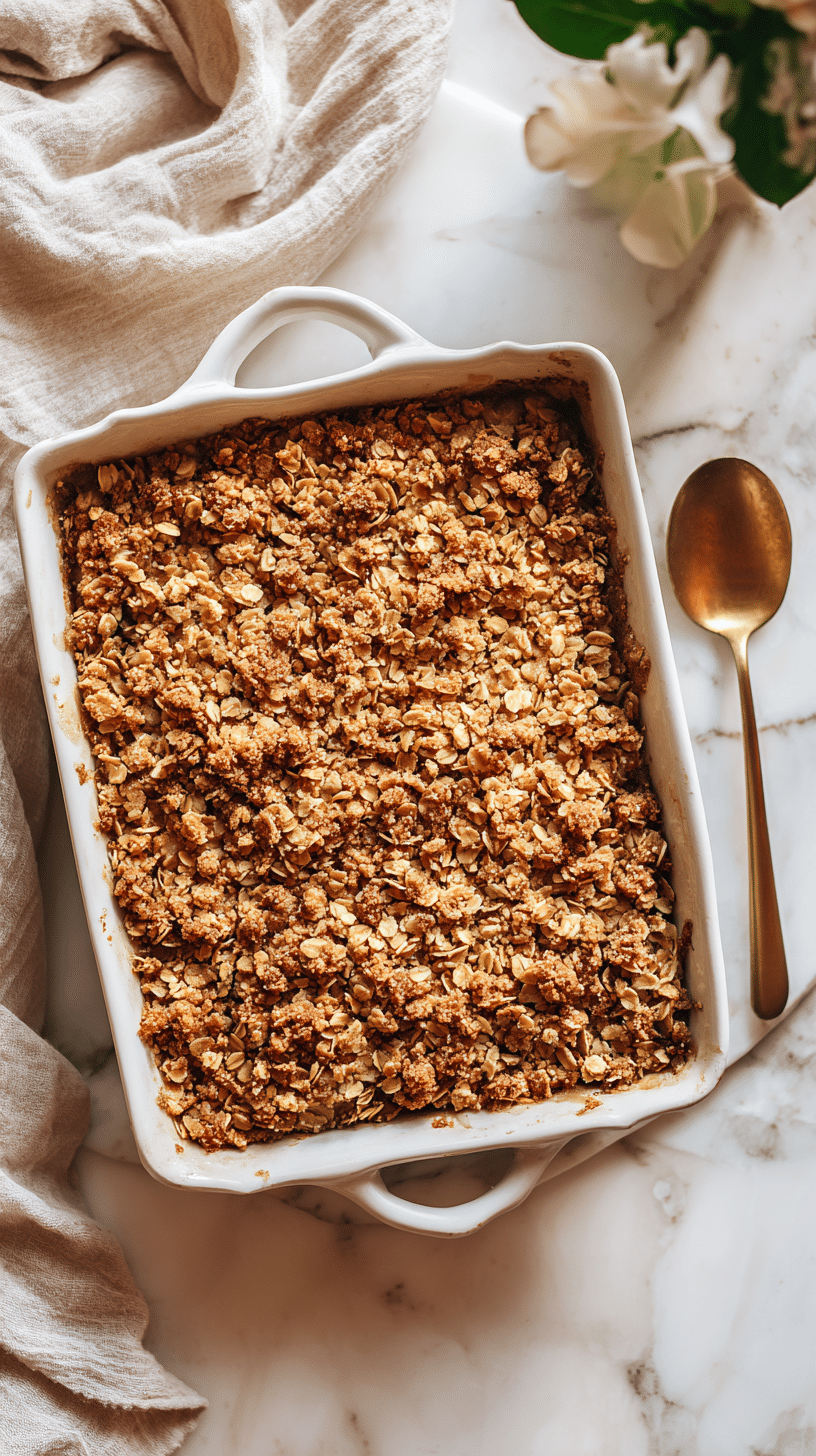 Homemade Apple Crisp top-down view with portion missing in white baking dish