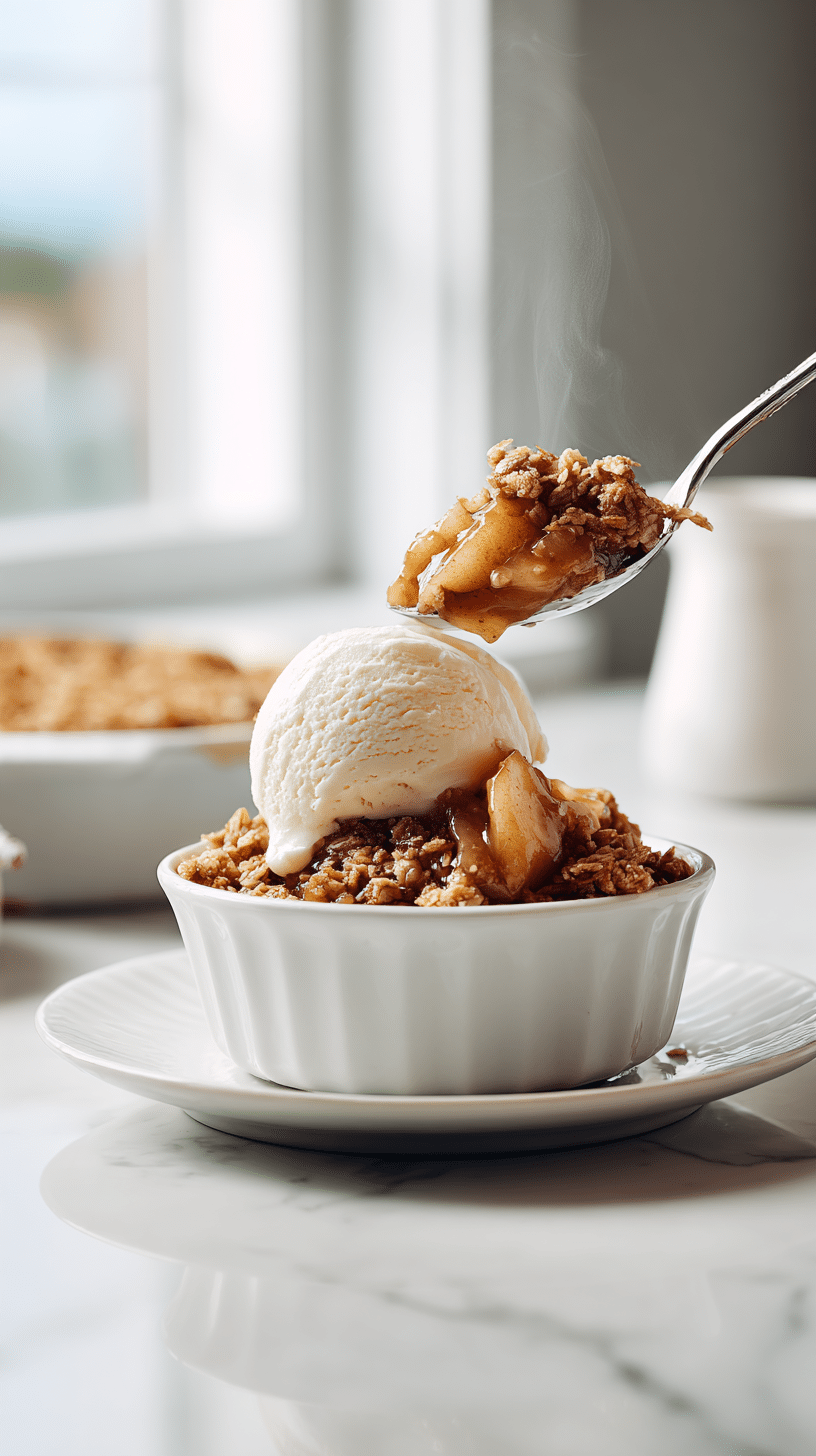 Homemade Apple Crisp served in a bowl with vanilla ice cream