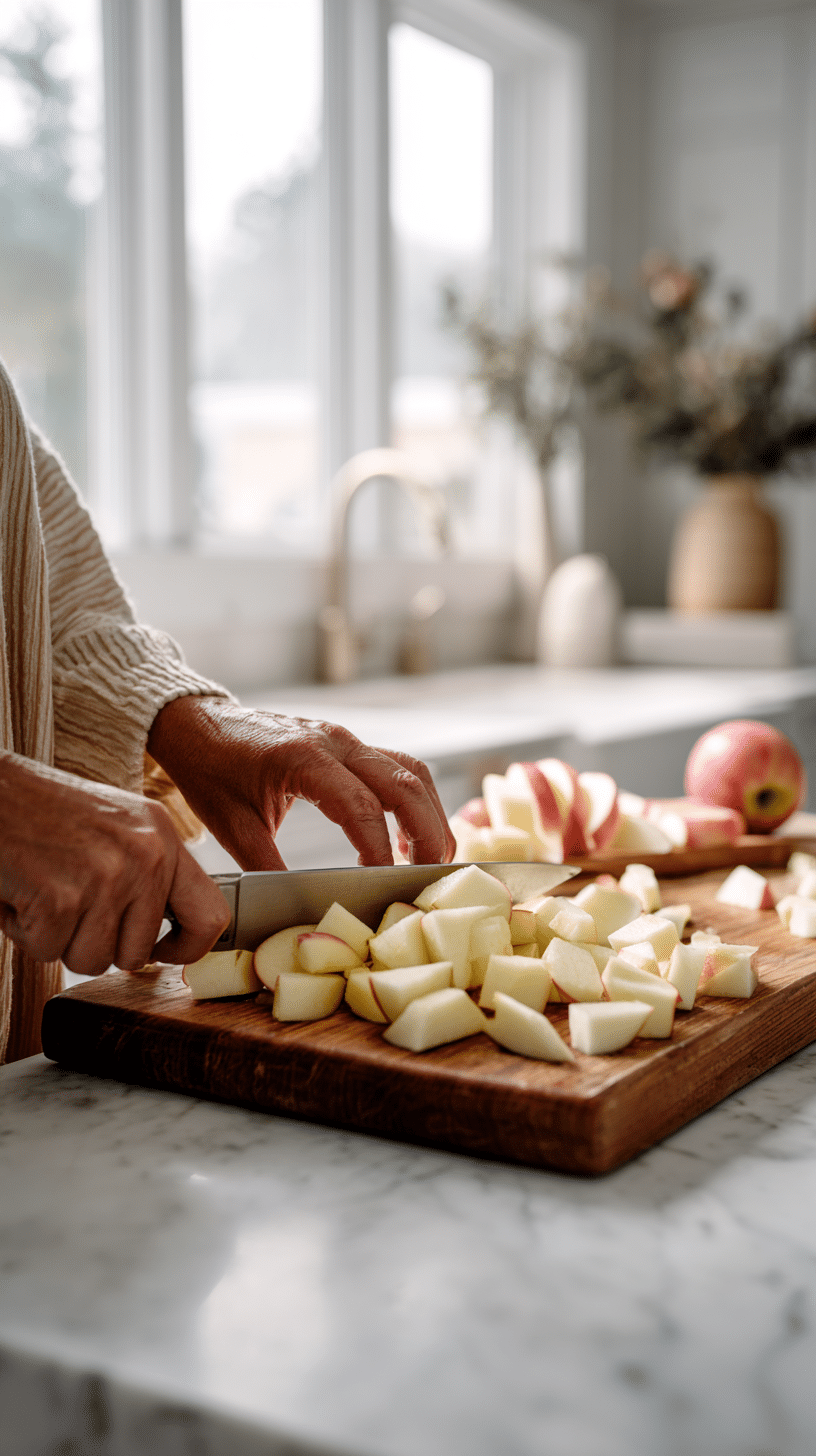 Homemade Apple Crisp apple peeling and slicing step on marble countertop