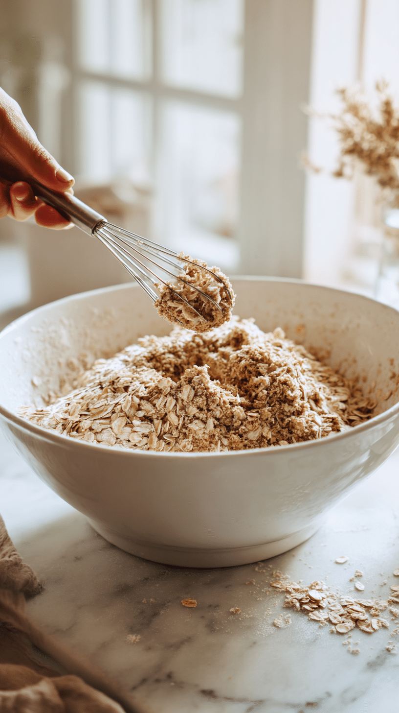 Homemade Apple Crisp oat topping being sprinkled over apples in baking dish