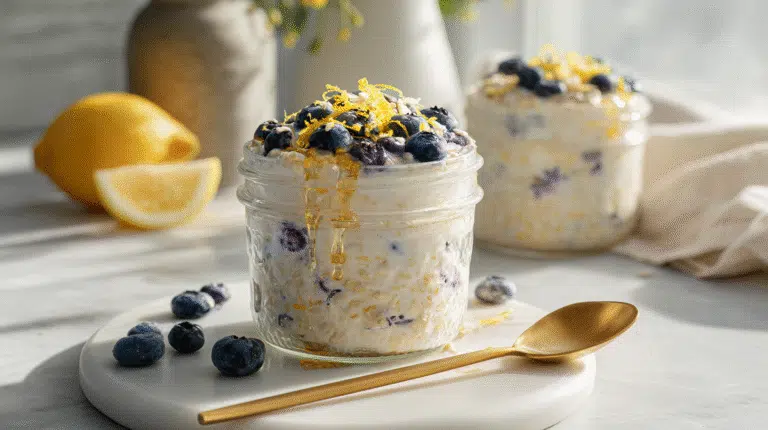 Lemon Blueberry Overnight Oats in a glass jar topped with blueberries and lemon zest on a marble countertop