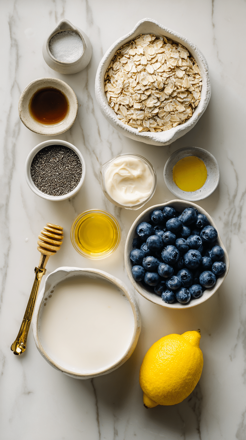 Ingredients for Lemon Blueberry Overnight Oats arranged on marble countertop