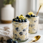 Top-down view of Lemon Blueberry Overnight Oats in a glass jar with blueberries and lemon zest