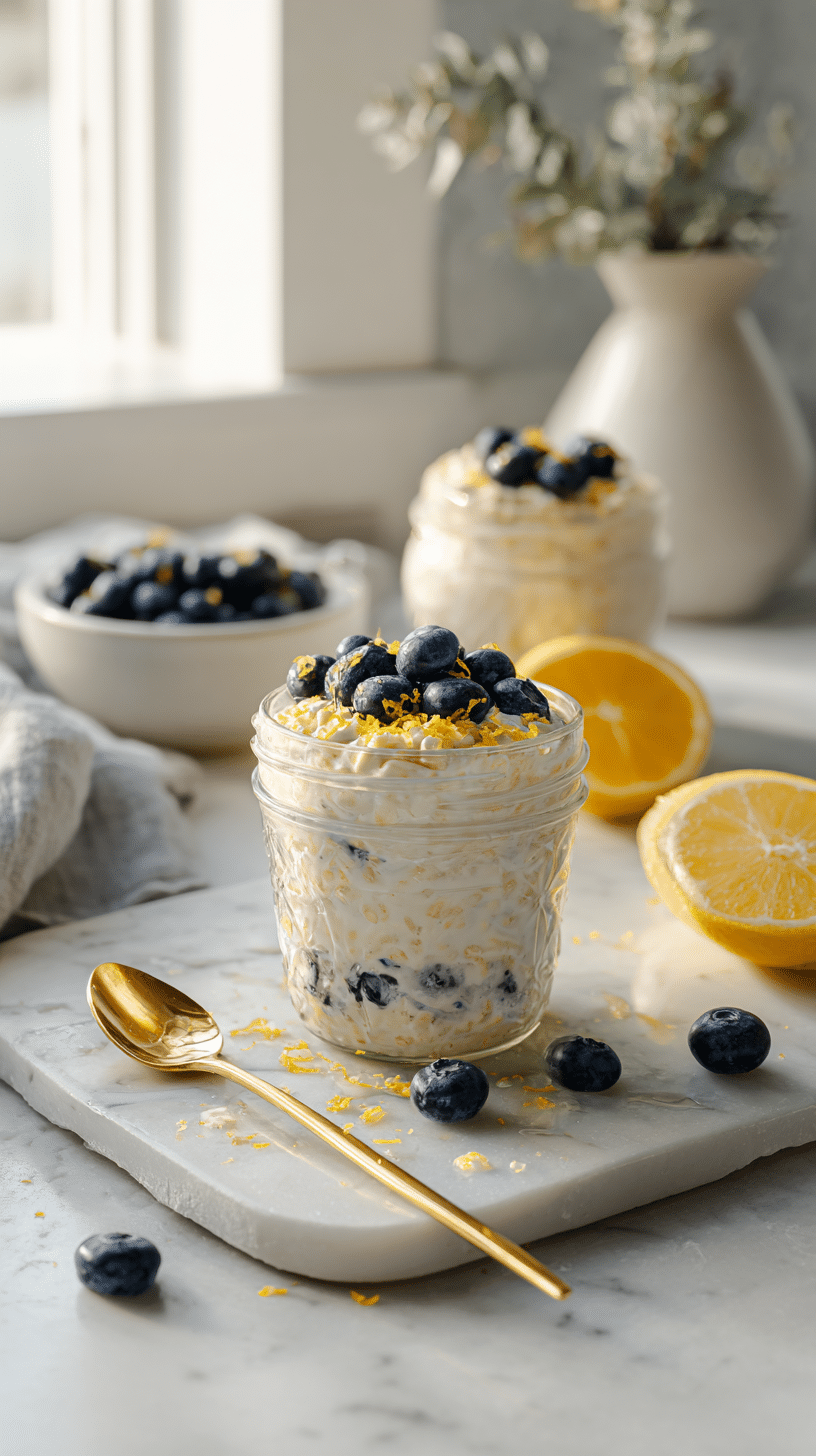 Lemon Blueberry Overnight Oats served in a jar with extra blueberries and lemon zest