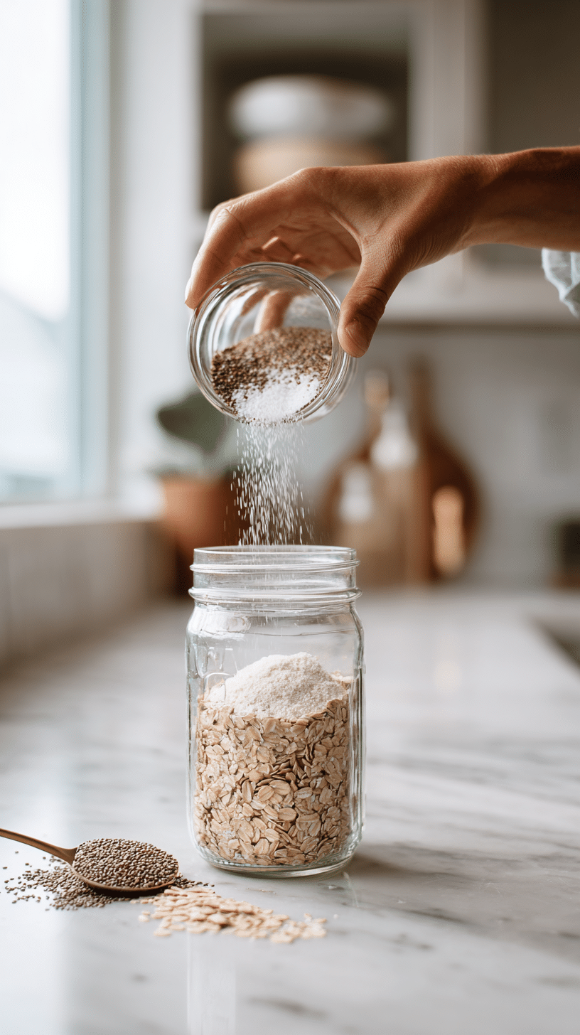 Step 1 for Lemon Blueberry Overnight Oats showing oats, chia seeds, and salt being added to a jar