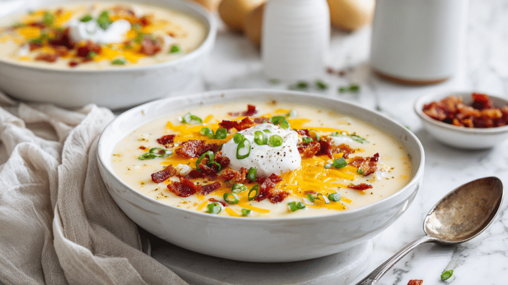 Loaded Potato Soup hero shot in a white bowl with cheddar, bacon, scallions, and sour cream on marble countertop