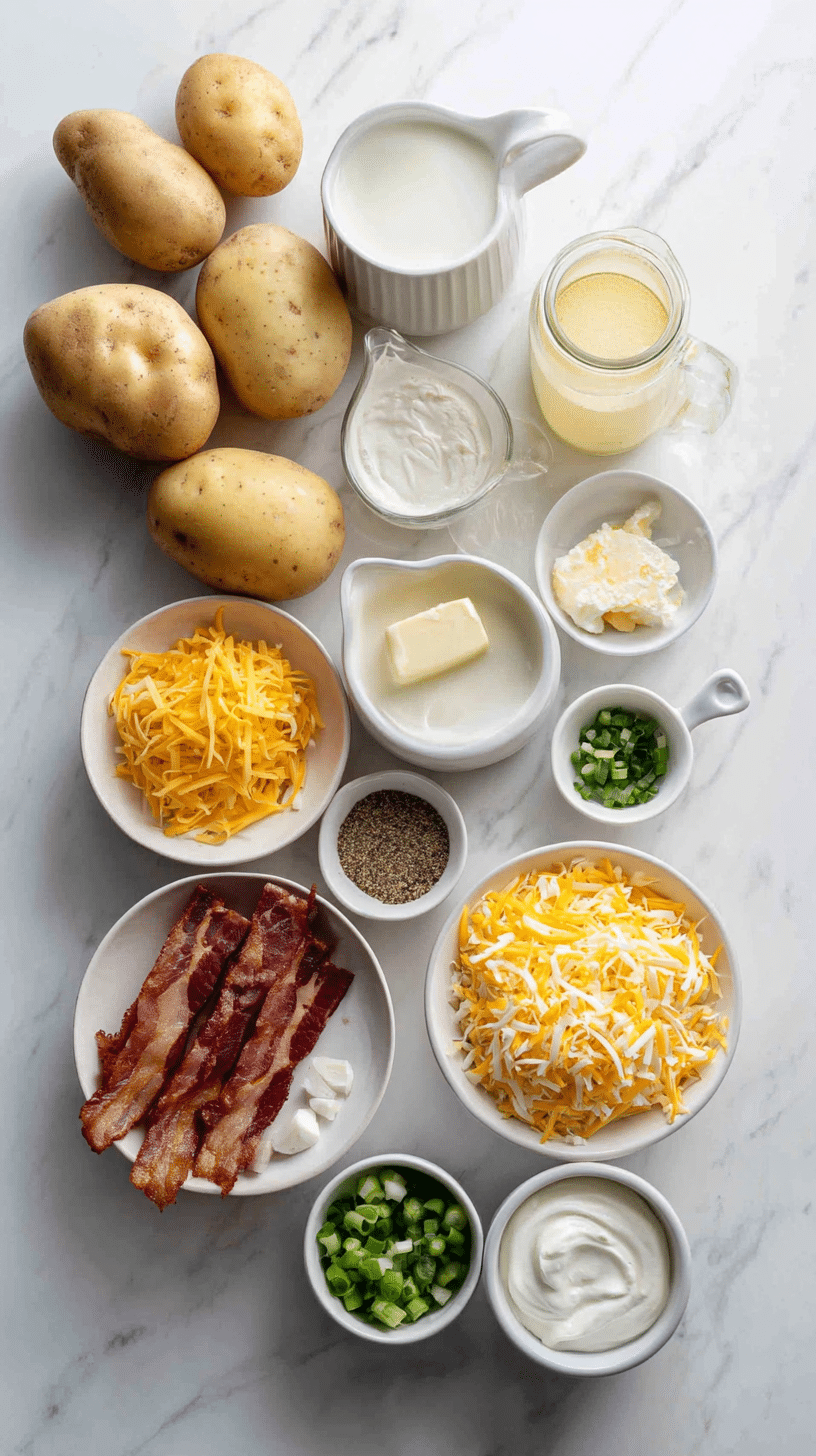 Ingredients for Loaded Potato Soup arranged on marble countertop in small bowls and measuring cups