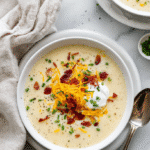Loaded Potato Soup in a bowl with cheddar, bacon, scallions, and sour cream, top-down view