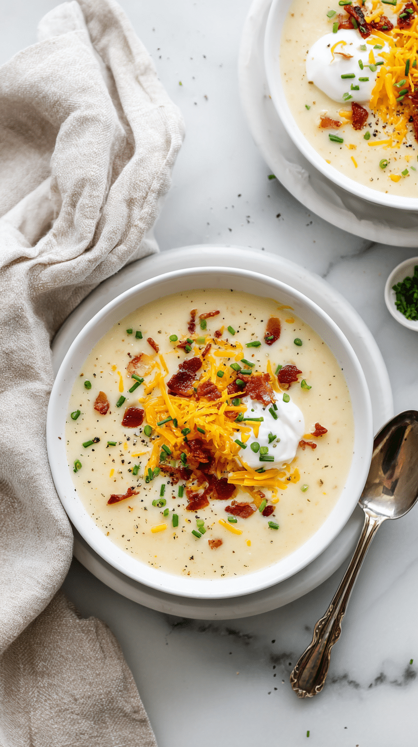 Loaded Potato Soup in a bowl with cheddar, bacon, scallions, and sour cream, top-down view