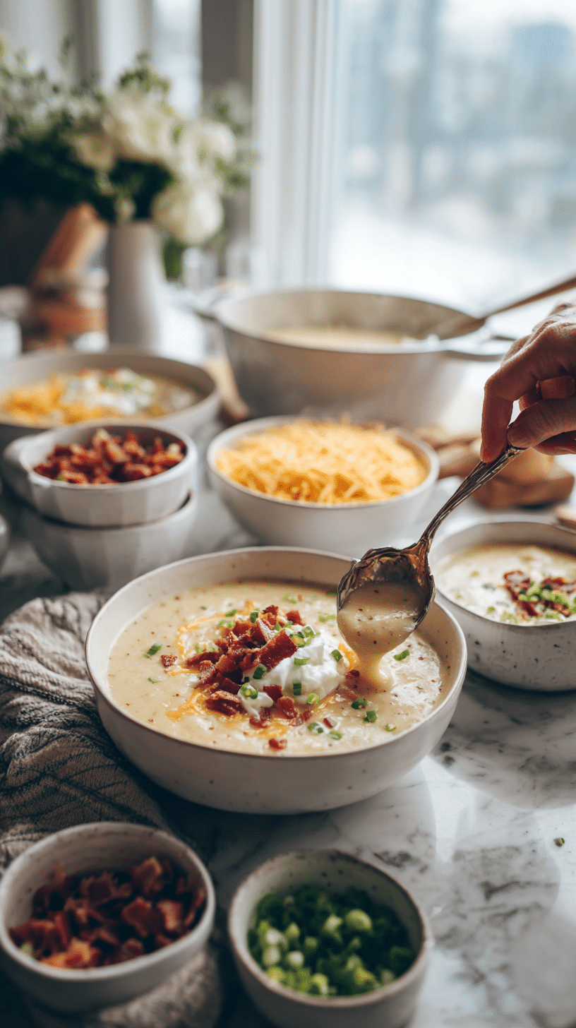 Loaded Potato Soup being served with toppings at the table