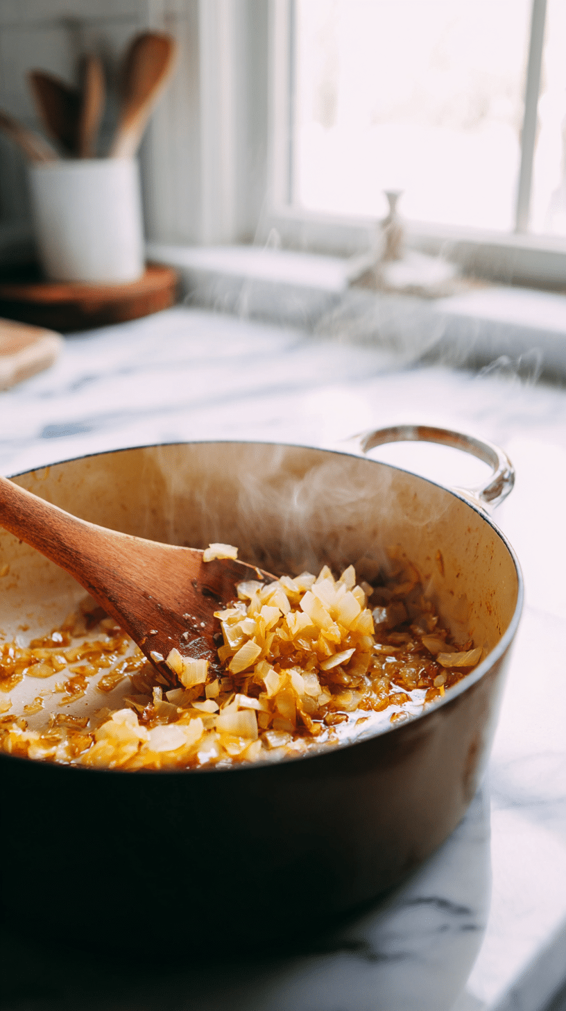 Loaded Potato Soup onions softening in bacon fat in Dutch oven during second step